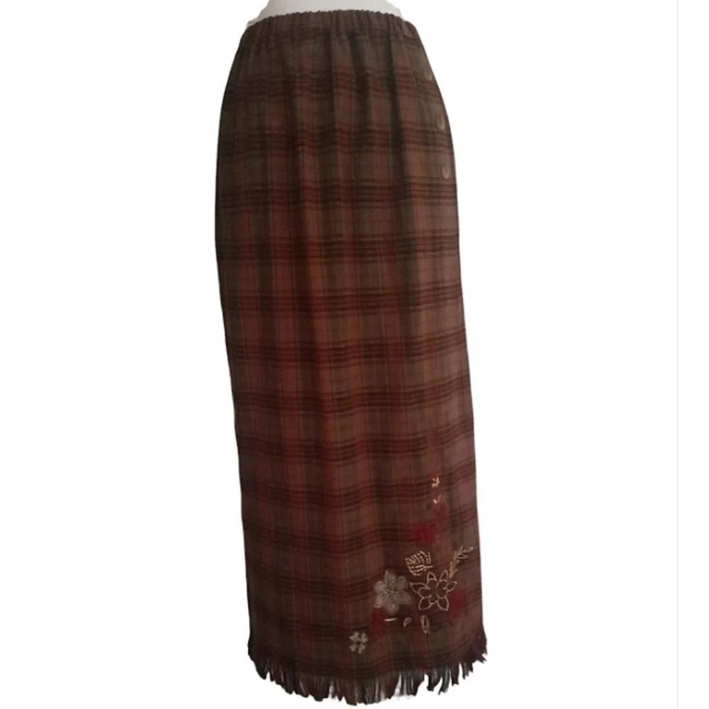 Vintage T&Company Fall Plaid Embroidered Fringe Trim Maxi Skirt Size Small